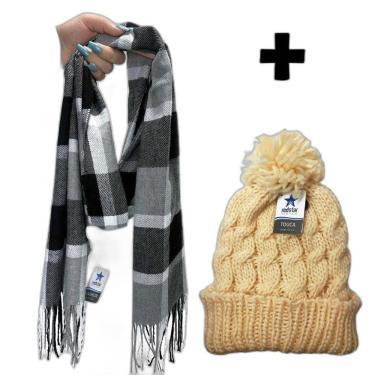 Imagem de Cachecol Xadrez Inverno Frio Festa Junina Touca Pompom Chic
