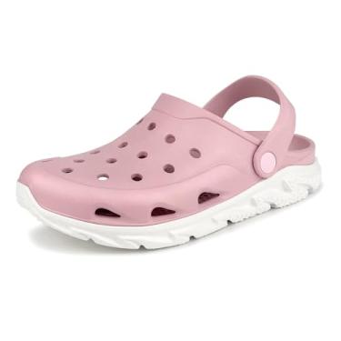 Imagem de Tamancos de jardim masculinos e femininos com suporte de arco, sem sexo leve sem cadarço com dupla cor, sandália antiderrapante para uso ao ar livre, praia, jardim, piscina, interior, Rosa/branco, 34