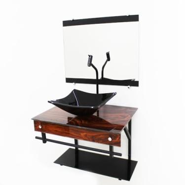 Imagem de Gabinete de Vidro para Banheiro 50x40cm com Cuba Quadrada, Espelho e Válvula Click (Madeira Nogueira)