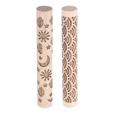 Imagem de HARFINGTON 2 peças de rolo de argila de madeira, 10 cm, onda de água, lua e estrelas, rolos, ferramentas de cerâmica, rolos de textura de grão de madeira para argila para assar massa, massa, brinquedo