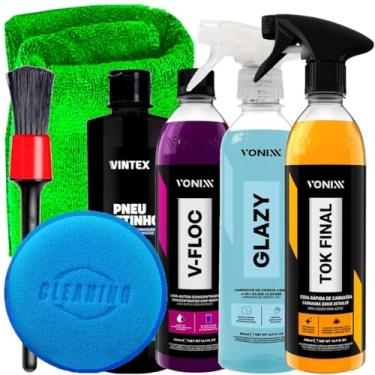 Imagem de Kit Completo Vonixx Vintex Limpeza Tok Final Glazy V-Floc Pneu Pretinho Pincel Externo Aplicador Toalha Karbox Oferta