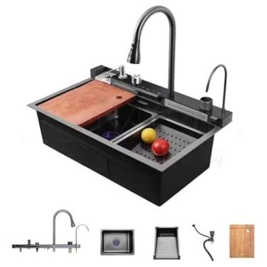 Imagem de Cuba Gourmet Multifuncional de Cozinha, Torneira 360° com Cascata, Lavador de Copos, Tábua de Corte, Preto