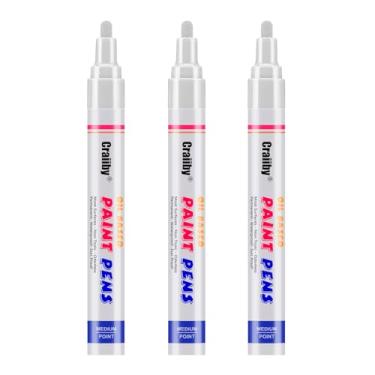 Imagem de Marcadores de tinta branca, pacote com 3 canetas permanentes à base de óleo, à prova d'água, secagem rápida, para pintura de pedras, madeira, tecido, plástico, tela, vidro, canecas, metal, pneu, pedra