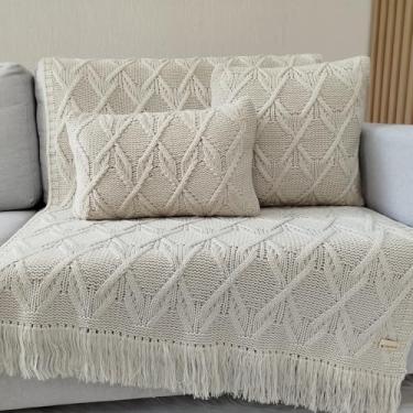 Imagem de Kit Manta Tricot Protetora Sofá Sala Xale Decorativa 150x90cm +2 Capas Almofada Fechamento Ziper L5 (Bege Papiro)