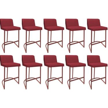 Imagem de Kit 10 Banquetas Com Encosto Noah Luxo Confort Bistrô Cozinha Ferro Bronze Corino Vermelho