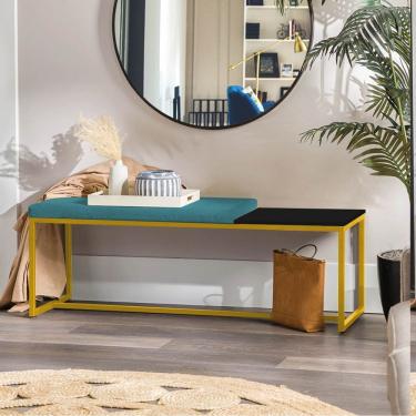 Imagem de Banco Recamier Puff 140cm Industrial Dourado Suede Azul Turquesa Tampo Quadrado Mdf Preto