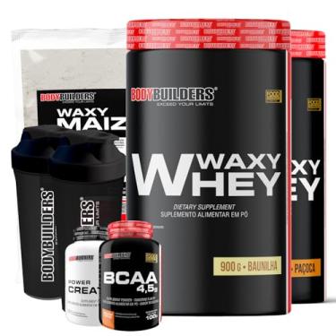 Imagem de Kit 2x Waxy Whey 900g + Waxy Maize 800g + Power Creatina 100g + BCAA 4,5 100g + 2x Coqueteleira - Bodybuilders (Baunilha e Paçoca)