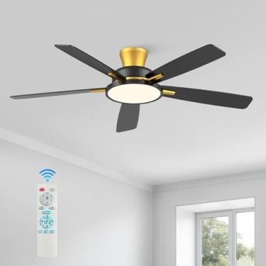 Imagem de TALOYA Ventiladores De Teto 52" Com Luzes E Controle Remoto, Ventilador Ultrassilencioso Baixo Perfil, Três Cores, Temperatura Regulável, Luz, Lâminas Reversíveis, Preto Dourado