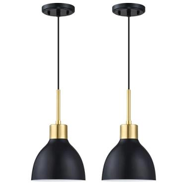 Imagem de Doraimi Lighting Pacote Com 2 Mini Luminárias Suspensas De Metal Para Ilha Cozinha, 1 Luminária, 6,5" Altura, Industriais Teto, Acabamento Em Ouro Preto Balcão Sobre Pia, Sala Jantar, Corredor, Entr
