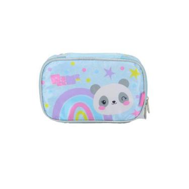 Imagem de Estojo Box 100 Pens Panda Arco Iris Escolar Infantil Meninas, Azul Cla