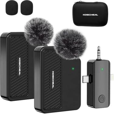 Imagem de KOSCHEAL Microfone de lapela 3 em 1 sem fio para iPhone, Android, câmera, vida extra longa 40 H x 2 peças, microfone sem fio omnidirecional plug-play para entrevista, vídeo, podcast, YouTube,