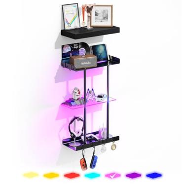 Imagem de Vervida® Prateleiras de exibição para parede com luz LED, toalheiros de aço inoxidável com prateleira de vidro, cena faça você mesmo 4 níveis para exibição de troféus de sala de jogos e prateleiras