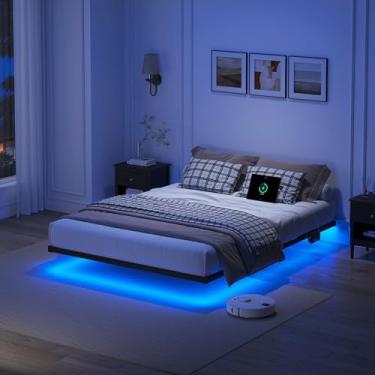 Imagem de YORMDMO Estrutura de cama flutuante tamanho completo, estrutura de cama resistente com luzes LED inteligentes e estação de carregamento, cama de plataforma de metal moderna, montagem fácil sem