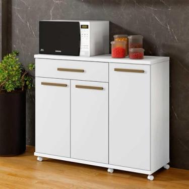 Imagem de Balcão 3 Portas e 1 Gaveta para Microondas com Rodízios Branco Parati Shop Jm