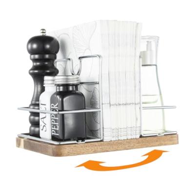 Imagem de Suporte de guardanapo para mesa, suporte giratório de guardanapo com base de madeira com saleiro e pimenteiro, dispensador de guardanapos giratório para decoração de mesa de jantar de cozinha, sem
