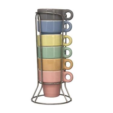 Imagem de Conjunto de 6 Xícaras de Cerâmica Coloridas com Suporte, 50ml, 16,5cm de Altura, Tons Pastéis
