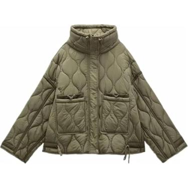 Imagem de Jaqueta Puffer Leve Acolchoada Para Mulheres Inverno Oversized Thin Zip Up Jaqueta Casaco, Army Green, XS
