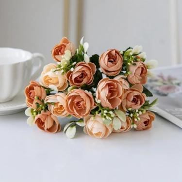 Imagem de 5 Garfos 15 Cabeças Flores Artificiais Rosa de Seda Pequeno Broto de Chá Fotografia de Casamento Fundo de Parede Sala de Casa Decoração de Festival Adereço (1 peça/Champanhe)