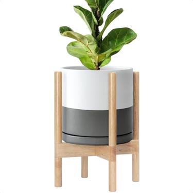 Imagem de D'vine Dev Vaso de cerâmica com suporte natural - Vaso de flores redondo moderno de 25 cm com suporte de plantador de madeira, branco/cinza, 55-B-K-6