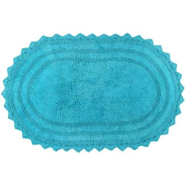 Imagem de RAJRANG Tapete de banheiro para cozinha e spa com padrão de crochê, algodão absorvente, macio, reversível, tapete de banho com pérolas, pássaro azul oval, 86 x 53 cm