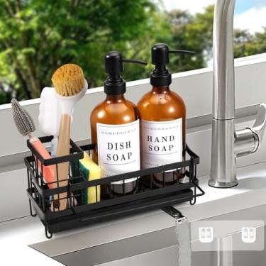 Imagem de Conjunto de dispensador de sabão de cozinha com suporte para pia – Garrafas de vidro de 5 x 40 ml, suporte de esponja e etiquetas - Dispensador de detergente para bancada de cozinha, presente de