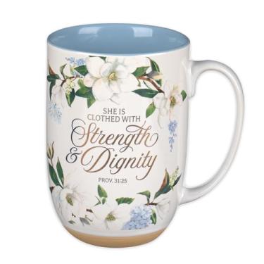 Imagem de Christian Art Gifts Caneca de Cerâmica para Mulheres: Versículo Bíblico Inspirador Força e Dignidade, Floral Branco e Azul Claro, 425g, 15 Onças, Cilíndrico, Reutilizável
