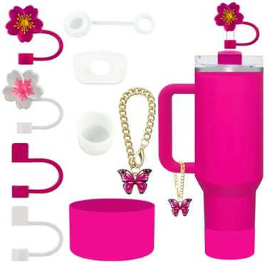 Imagem de Velaco 9 peças de acessórios para copo Stanley de 30/1,134 g, incluindo conjunto de tampa à prova de derramamento, topos de palha, bota de copo de silicone, pingente de chaveiro - rosa
