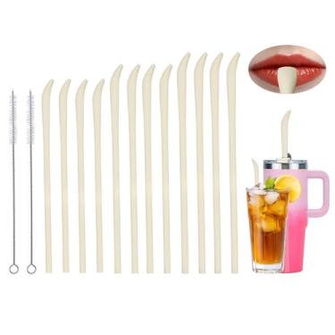 Imagem de Canudo antirugas 12 peças, canudo reutilizável plano e largo para copo Stanley de 1,134 g, 850 g, 590 ml, canudos flexíveis sem rugas com escova limpa, canudos de silicone de substituição para copo
