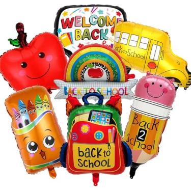 Imagem de Balões do primeiro dia de aula, balões de volta às aulas, caneta de ônibus, nuvens, régua, arco-íris, giz de cera, balão de maçã, para decorações de festa de jardim de infância, suprimentos de balão