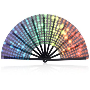 Imagem de BOXOB Ventilador de mão grande dobrável, cores neon brilhantes rave, linha de plástico, dobrável, leque de dança, estilo chinês clássico, portátil, para decoração ao ar livre, desempenho de casamento