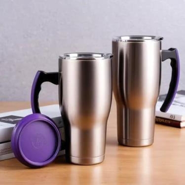 Imagem de Caneca Térmica Parede Dupla em Aço Inox Roxa 550ml com Tampa Hermética - Estilo Liso