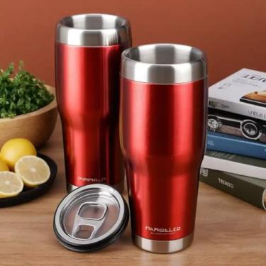 Imagem de Copo Térmico Parede Dupla em Aço Inox Vermelha 500ml com Tampa Flip - Estilo Liso