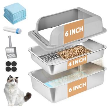 Imagem de Homegroove Caixa de areia de peneiramento de aço inoxidável para pellets de pinheiro, caixa de areia de metal para gatos com tampa para gatos internos, peneira de pellets de metal com colher de