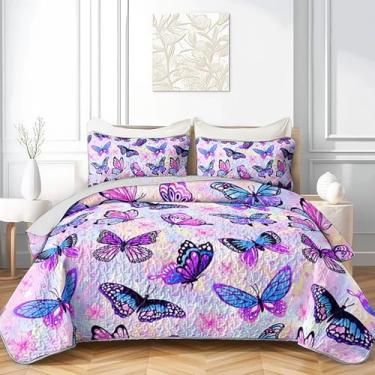 Imagem de QOOMO Conjunto de colcha casal de borboletas coloridas, tamanho Queen, conjunto de 3 colchas com estampa floral rosa, conjunto de cama leve de microfibra macia com 2 fronhas para todas as estações