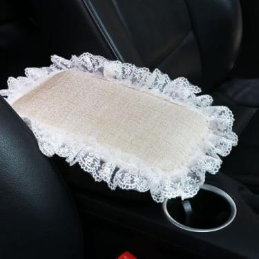 Imagem de MINGZAIQIPEI Capa de console central automotiva fofa para console de carro capa de apoio de braço de renda, almofada de apoio de braço central macia e fofa para a maioria dos protetores de decoração