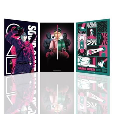 Imagem de 3 peças de pôsteres de jogos de arte de suspense de sobrevivência, pôsteres de terror de lula desenhos de fantasia sombria com máscaras icônicas e códigos sangrentos para salas de jogos, salas de