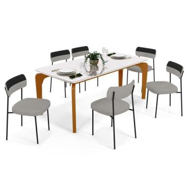 Imagem de Mesa De Jantar Capri 160cm Off White 6 Cadeiras Melina B05 Linho Cinza