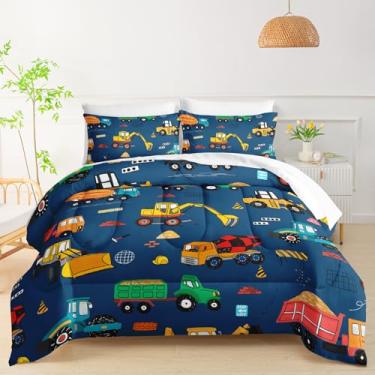 Imagem de QOOMO Conjunto de edredom infantil de construção, tamanho solteiro, para meninos e meninas, azul escuro, caminhão, carros, decoração de quarto, escavadeira, trator, colcha com edredom, lençóis e