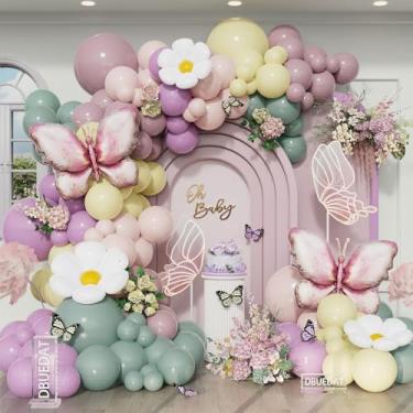 Imagem de Kit de arco de balão de borboleta de primavera, 126 peças, guirlanda de balão verde empoeirado roxo rosa com balões de folha de margarida de borboleta ouro rosa para chá de bebê aniversário