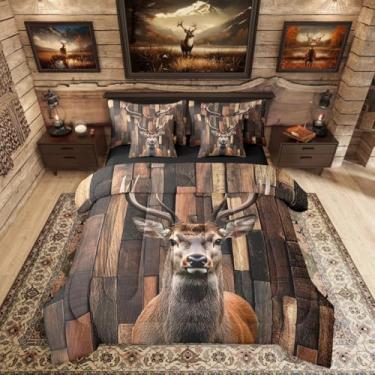 Imagem de Erosebridal Jogo de cama king size de alce de veado, 7 peças, cama de animal selvagem de caça, conjunto de cama de prancha de madeira, inclui edredom, conjunto de lençóis, fronhas e fronhas para todas