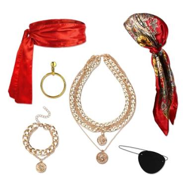 Imagem de Mikovivi Kit com 6 Acessórios de Fantasia Pirata para Homens & Mulheres, Inclui Bandana, Cinto, Colar, Pulseira, Tapa-Olho, Brinco para Festa de Halloween Fantasia