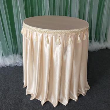 Imagem de Saia de mesa redonda com borlas e toalha de mesa de seda gelada para festa de casamento, chá de bebê, bolo de aniversário, saia de mesa, rosa champanhe, D70 x A75 cm