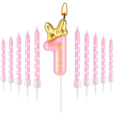 Imagem de Roowest 11 velas de aniversário para meninas de 2/3 anos de idade com velas longas de bolinhas brancas para decoração de bolos (número 1)