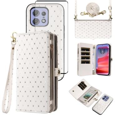 Imagem de Capa de celular para Motorola Edge 50 Pro Carteira com zíper destacável com protetor de tela transversal Alça de cordão Bling Glitter Flip porta-cartões Slot Moto Edge50 50Pro 5G mulheres homens