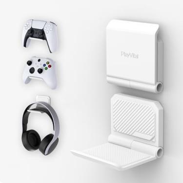 Imagem de PlayVital Suporte de controle dobrável de parede para fones de ouvido PS5 PS4 Xbox Switch Pro, pacote com 2 organizadores universais, suporte para controle de jogos, suporte para fone de ouvido