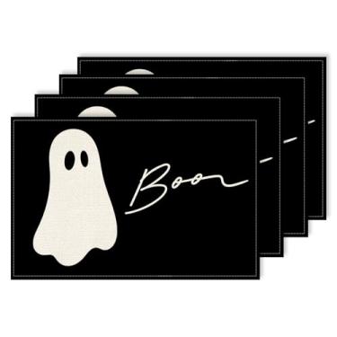 Imagem de Jogo americano Halloween Ghost Boo conjunto de 4 tapetes de mesa pretos de 30 x 45 cm para casa, cozinha, jantar, festa, decoração interna ao ar livre CD18