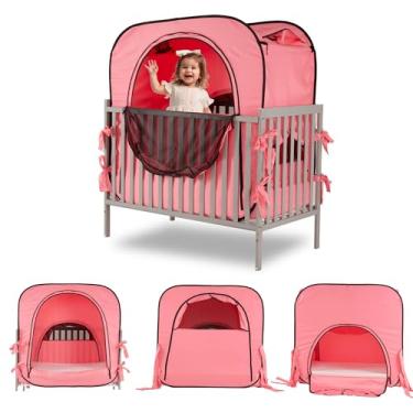 Imagem de Barraca de cama com privacidade para bebês, capa de barraca de berço para crianças, bloqueia 90% de luz com monitor e design de bolsa de ventilador com portas com zíper, janelas de malha respirável