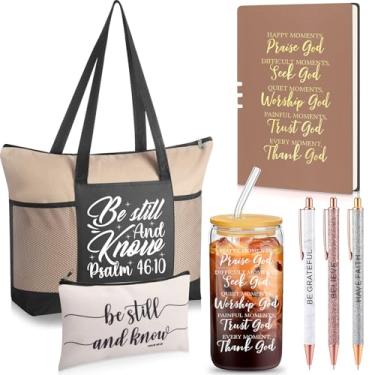 Imagem de Shinylin Conjunto de 7 peças de presente cristão para mulheres, presentes inspiradores com copo de vidro, bolsa de maquiagem, caneta para notebook (bege)