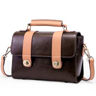 Imagem de Bolsa feminina de couro legítimo: Bolsa carteiro vintage - Bolsa de ombro feminina para viagens e trabalho, Café