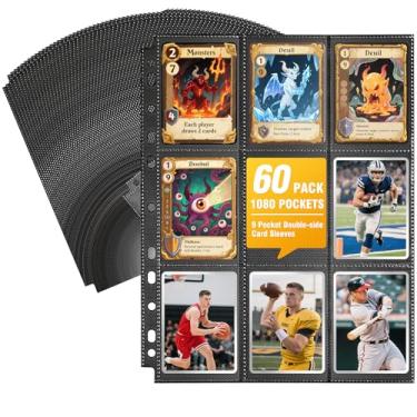 Imagem de Pacote com 60 1080 bolsos pretos para cartões colecionáveis, capas para cartas de jogo engrossadas de dupla face para fichário de 3 anéis, protetor de página de carregamento lateral com 9 bolsos para MTG, Yugioh, Pokemon, cartões de beisebol